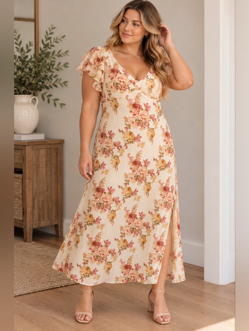 Altar'd State Cream Floral Maxi Dress with Pink and Gold Roses